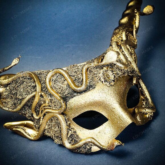 Gold Halloween Krampus Horn Woodland Medusa Snake Animal Devil Masquerade Mask - Picture 4 of 5